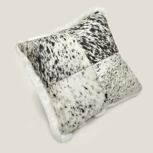 Comfortable square cushion in grey/white mottled cowhide, a cushion for your living room sofa.