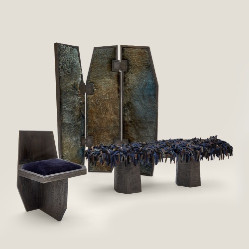 All the creations in the Yaga by Norki collection, brutalist chairs, benches and screens in wood and wool.