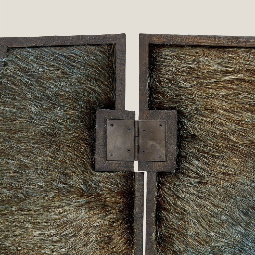 Details of the blackened and aged hinges on the Yaga by Norki folding screen.