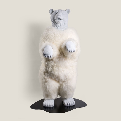 Realistic white resin bear sculpture, design art piece.