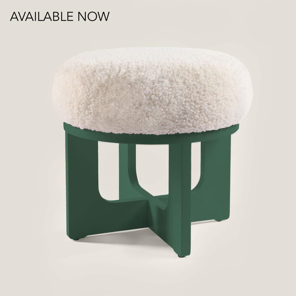 Buy a small designer nomadic furniture, wooden base green pouf with a comfortable white seat by Norki