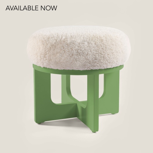 Buy a luxurious small elegant white and pastel green pouf, lacquered wooden legs, design by Maison Norki.