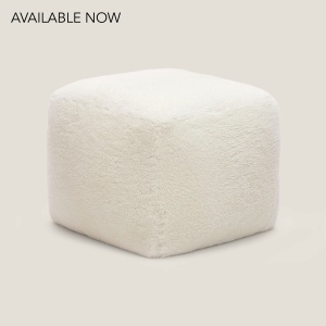 Small white cubic stool in curly woollen leather by Norki.