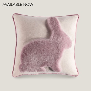 Large white and baby pink rabbit cushion in cashmere wool and shearling by Norki