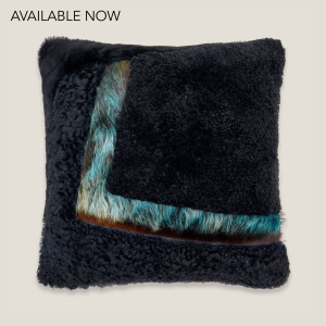 Square Forest cushion in black shearling and pattern in blue/green cowhide.