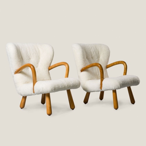 Pair of Ake IKEA vintage armchairs in white sheepskin and curved wood.