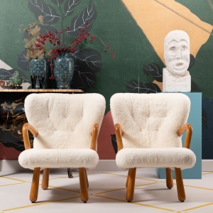 Pair of Ake IKEA vintage armchairs in white sheepskin and curved wood.