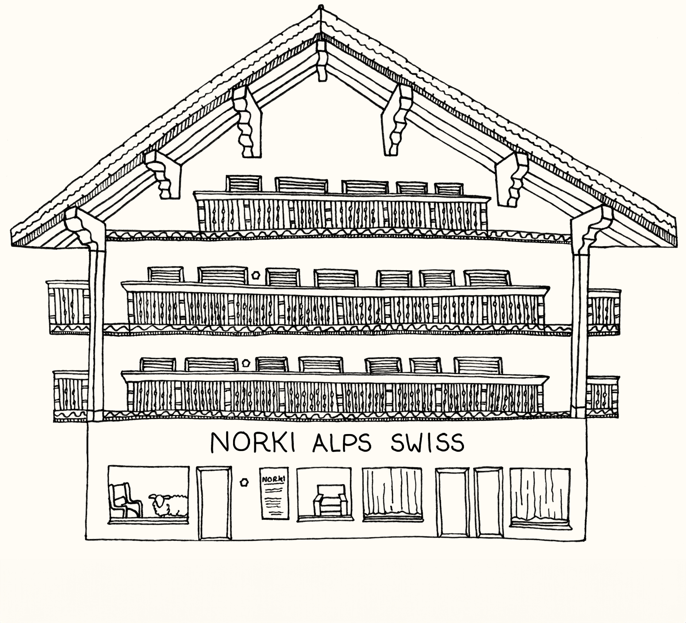 Drawing of the Norki Boutique in Switzerland, Norki Alps Swiss.