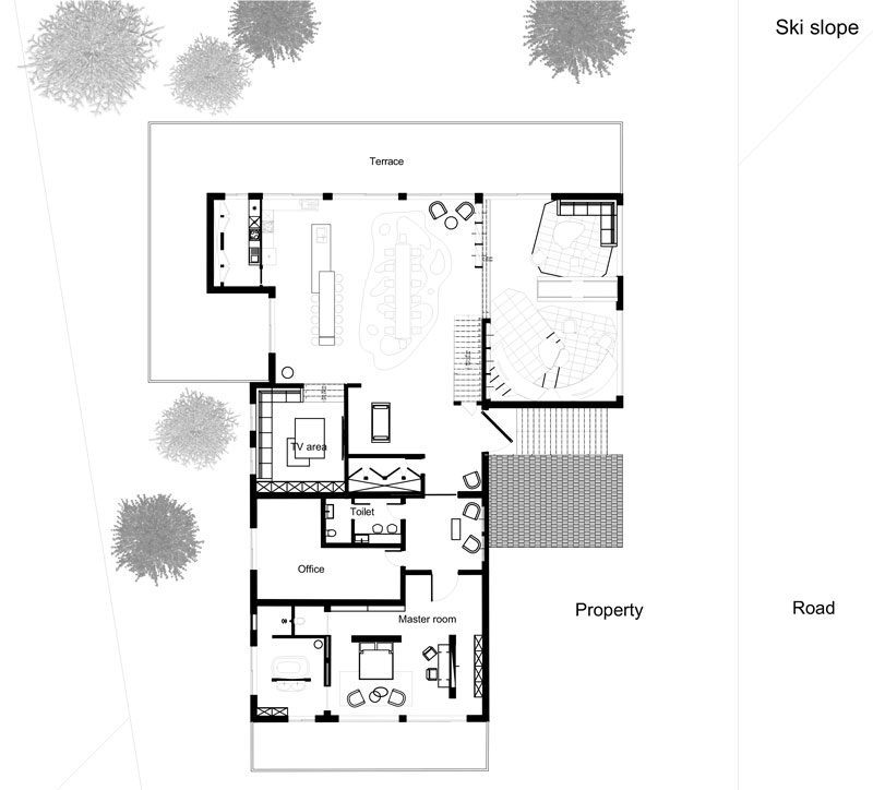 Plan du rez-de-chaussée du chalet.