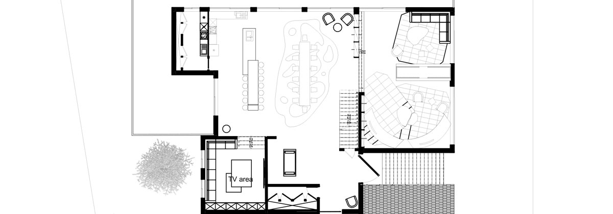 Plan du rez-de-chaussé d'un chalet à Aspen, une réalisation signée Norki.