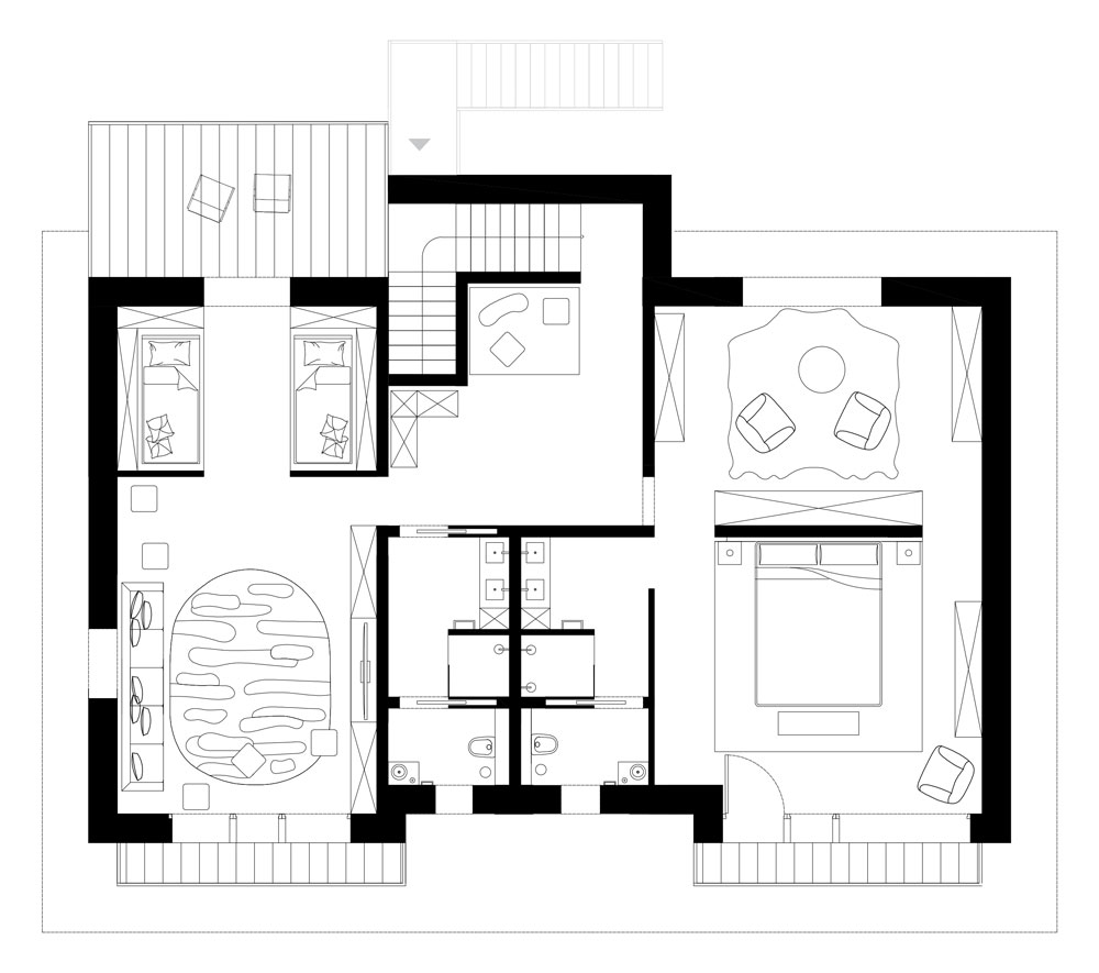 Plan du deuxième étage d'un chalet à Ischgl.