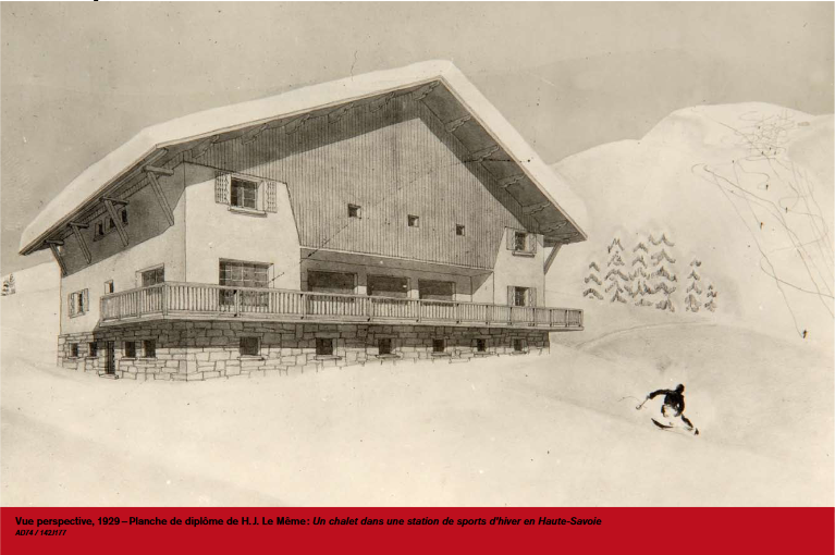 Vue perspective, 1929 de Henry Jacques le Même : Un chalet dans une station de sport d'hiver en Haute-Savoie.