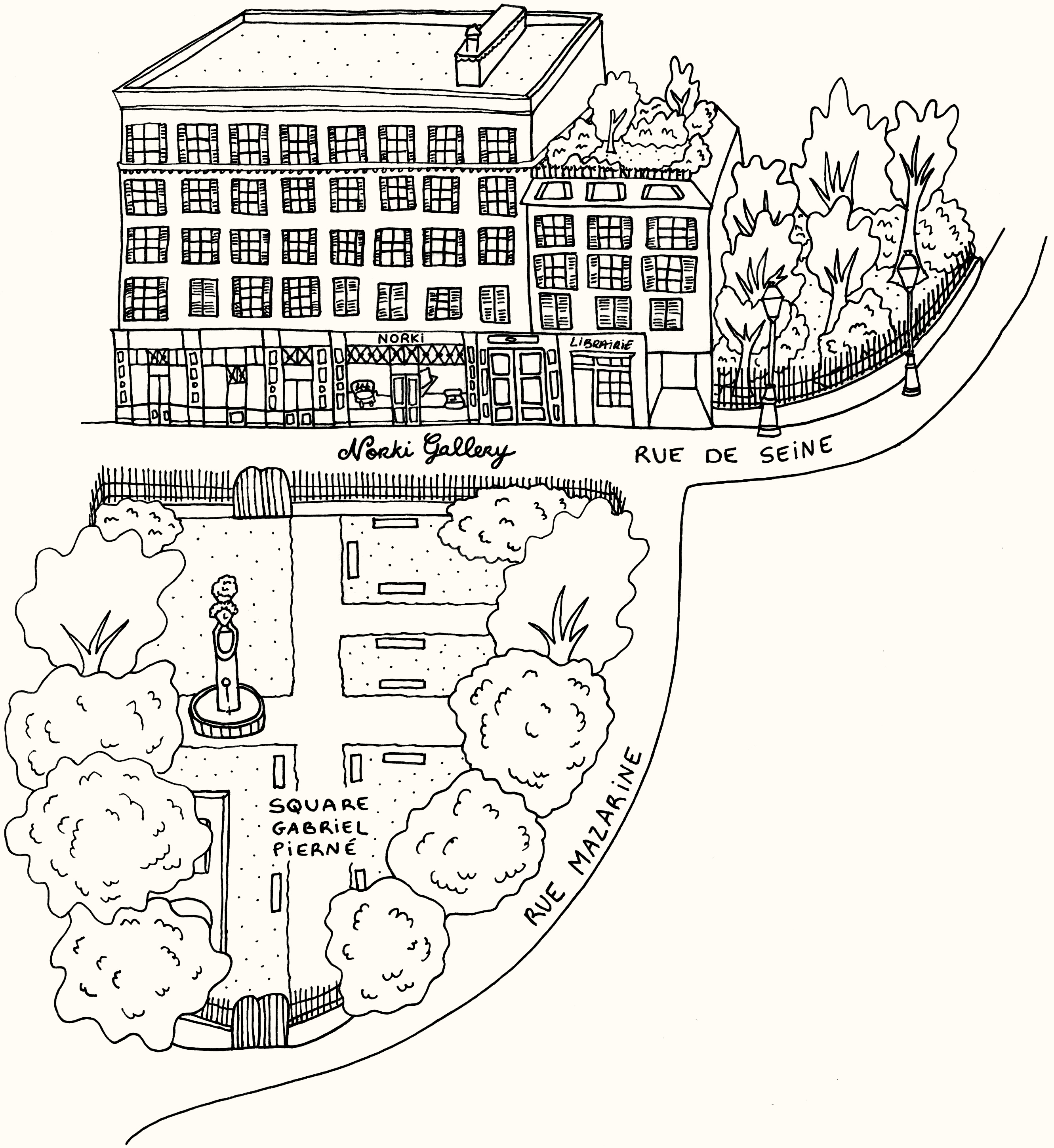 Dessin réalisé par le bureau d'études Norki, montrant le plan d'accès de Norki Gallery Paris.