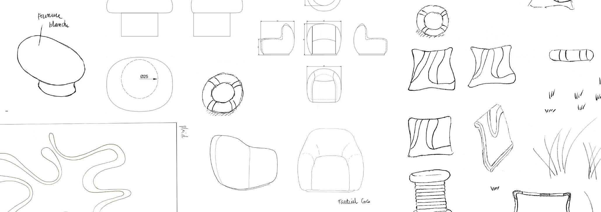 Un méli-mélo de coussins, fauteuils, tapis et plaids. Des croquis préparatoires et des plans de notre collection printemps-été 2024 réalisés par nos graphistes. 