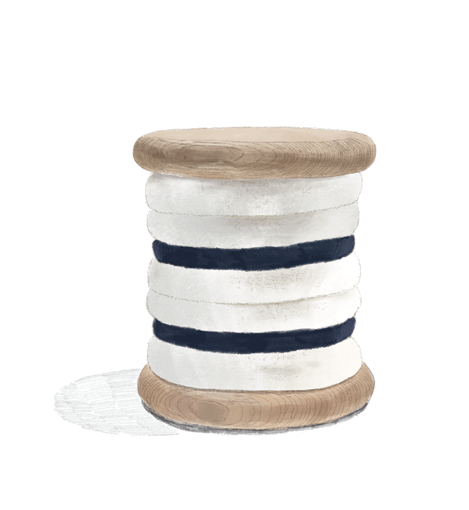 Drawings of our Knokke stool. A stool with a wooden seat and base, with white and blue tinted woollen skin rolled up like a rope in the centre.