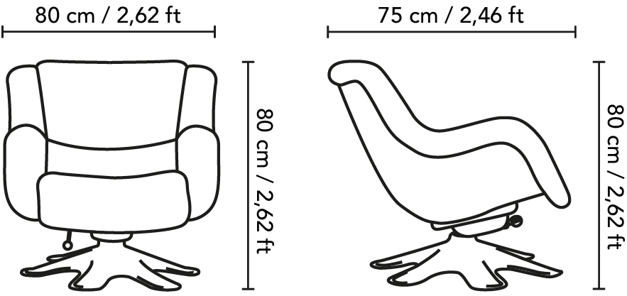 Sizes and sketches of our pair of M418 Armchairs