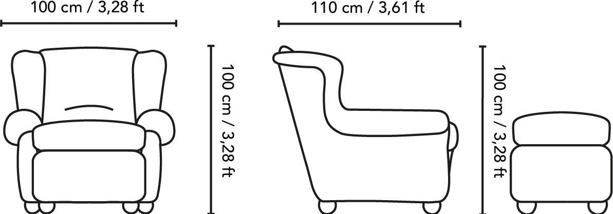 Dimensions et croquis de notre paire de Easy Chairs & Ottomans