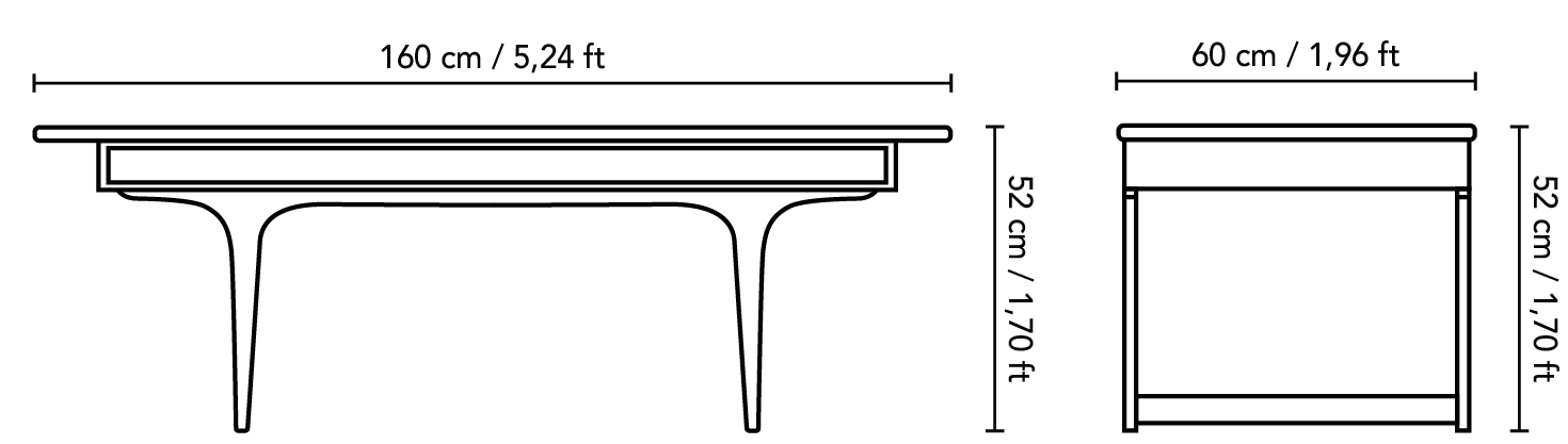 Dimensions et croquis de notre Table Basse 1960 en Teck