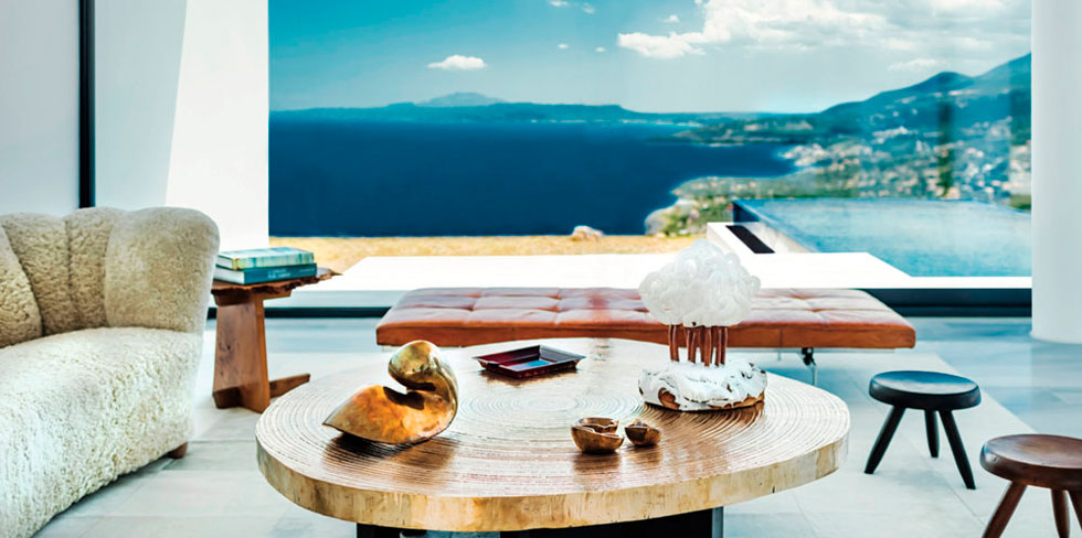 Interior design project by Olivier Dweck for this Greek Villa. Maison Norki produced tailor-made rugs and renovated a vintage designer sofa.