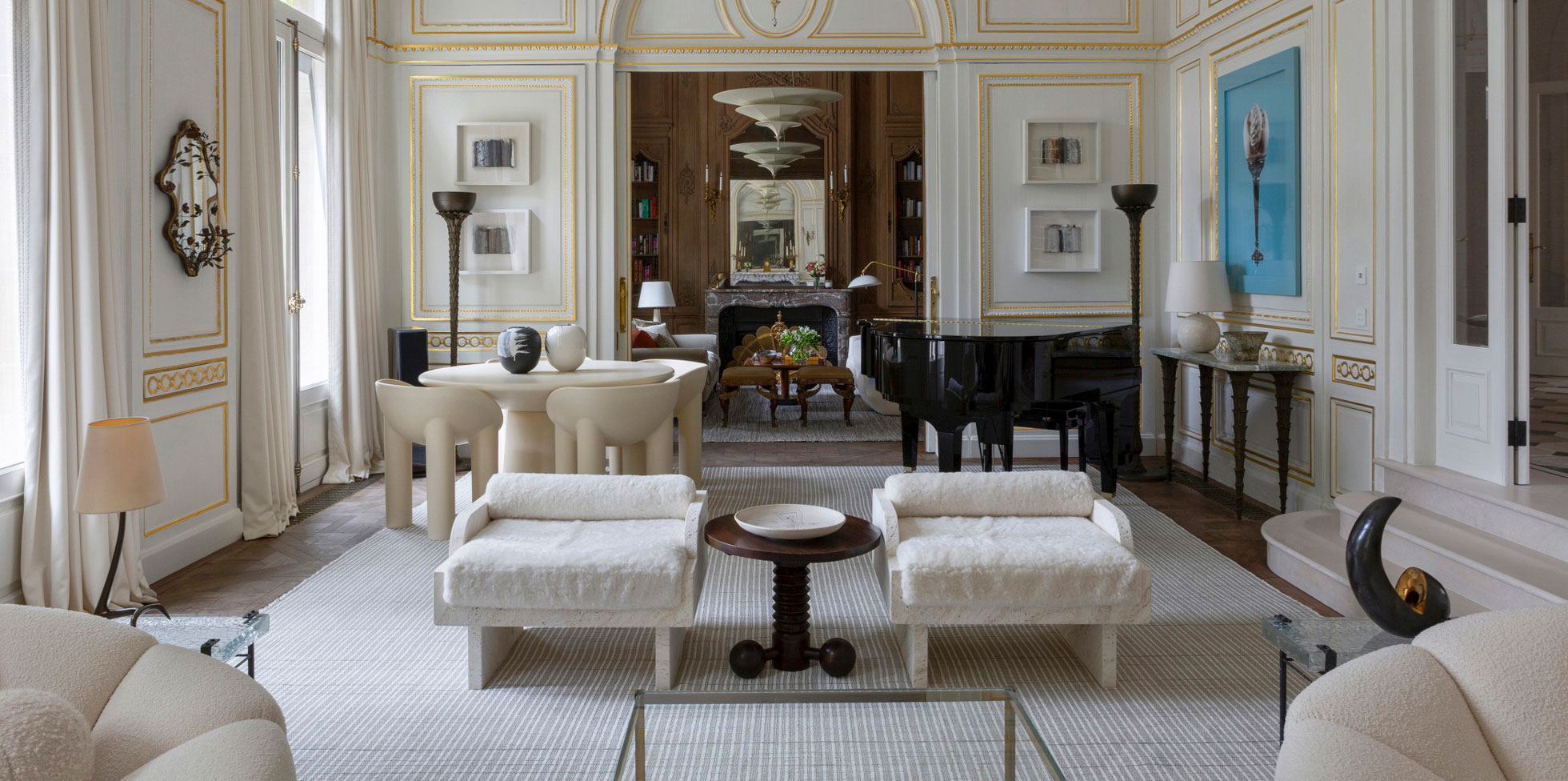 Bryan O'Sullivan was responsible for the interior design of this Parisian private hotel, and Norki produced white shaved lambskin cushions for the marble armchairs designed by Stéphane Parmentier.