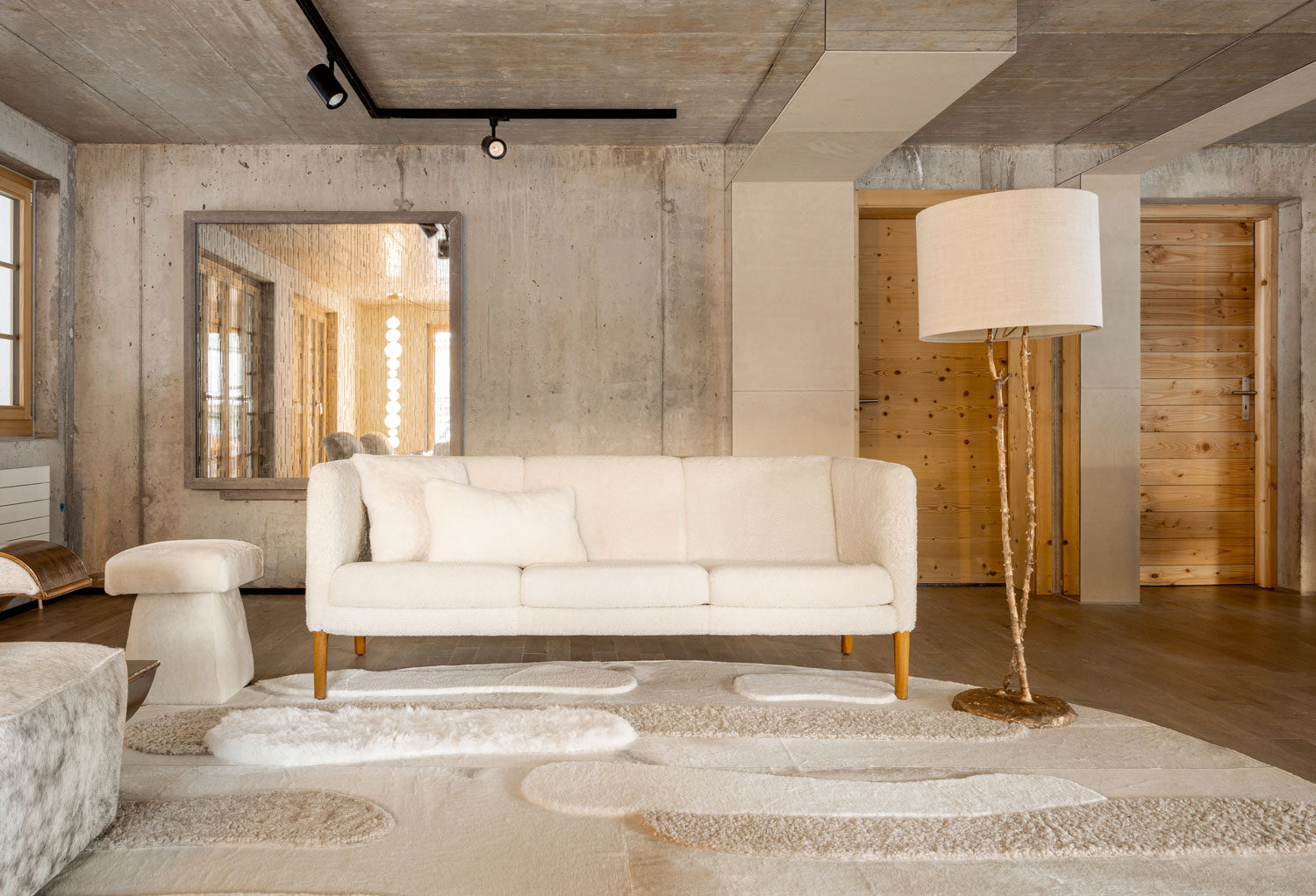 Betula white and beige Cowhide rug in a Swiss Chalet in Lausanne.