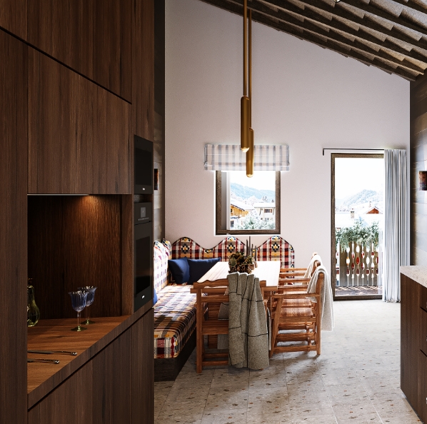 Chalet kitchen in Megève, 3D rendering with fabric