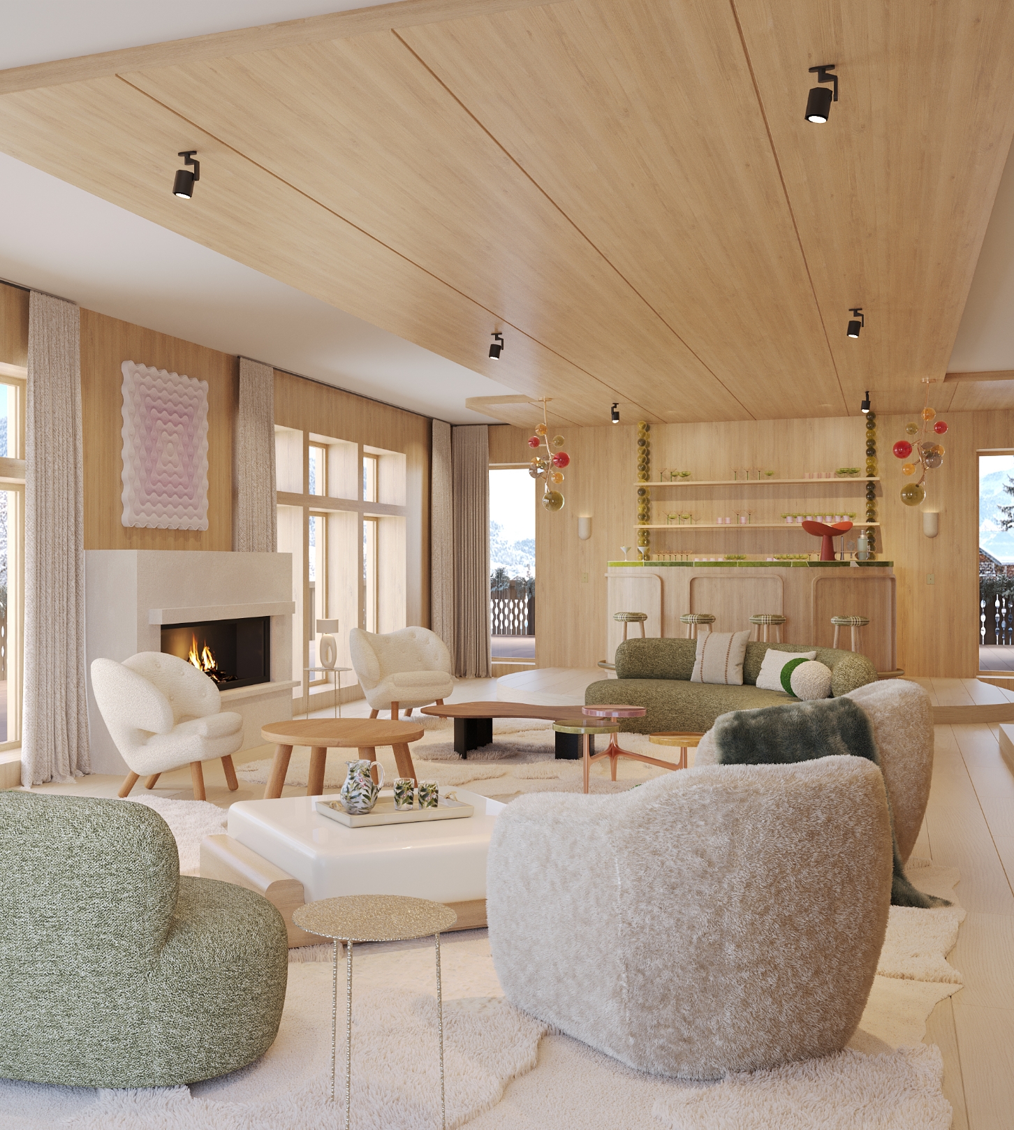 Realistic 3D rendering of a modern chalet decoration in Megève