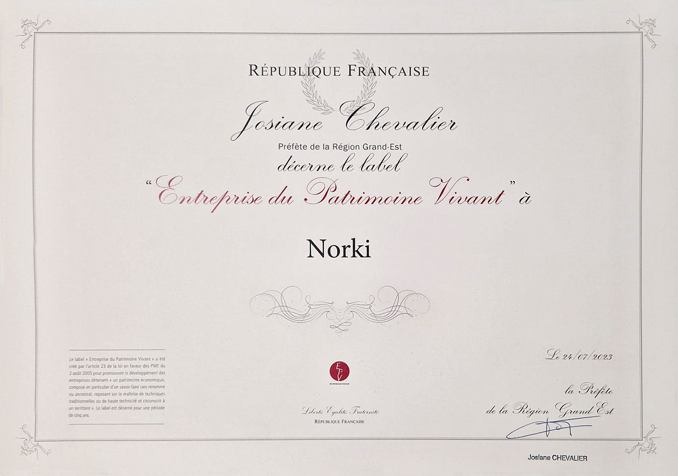 Diplôme Entreprise du Patrimoine Vivant décerné à Norki