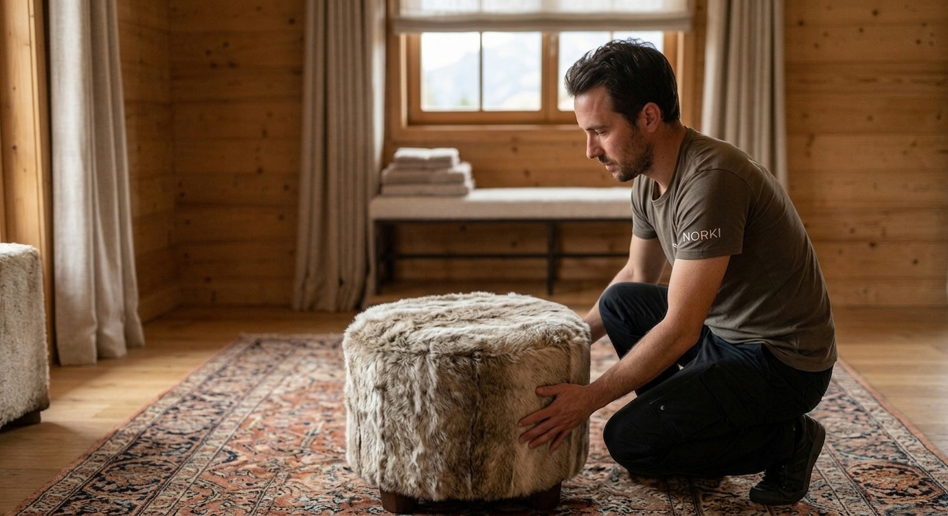 Tapissier installant un pouf en fourrure Norki